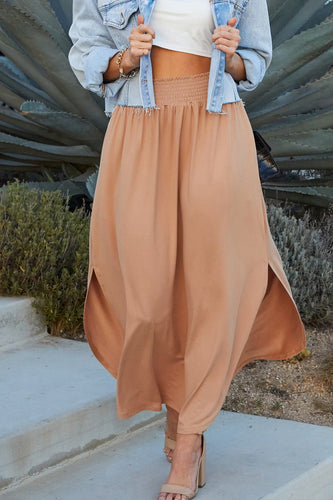 Ninexis Camel Smocking Waist Maxi Skirt With Side Pocket