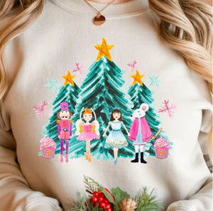 Watercolor Nutcracker Ballet Dance Characters & Christmas Trees Crewneck Sweatshirt