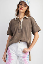 Easel Ash Brown Mineral Washed Half Button Down Top