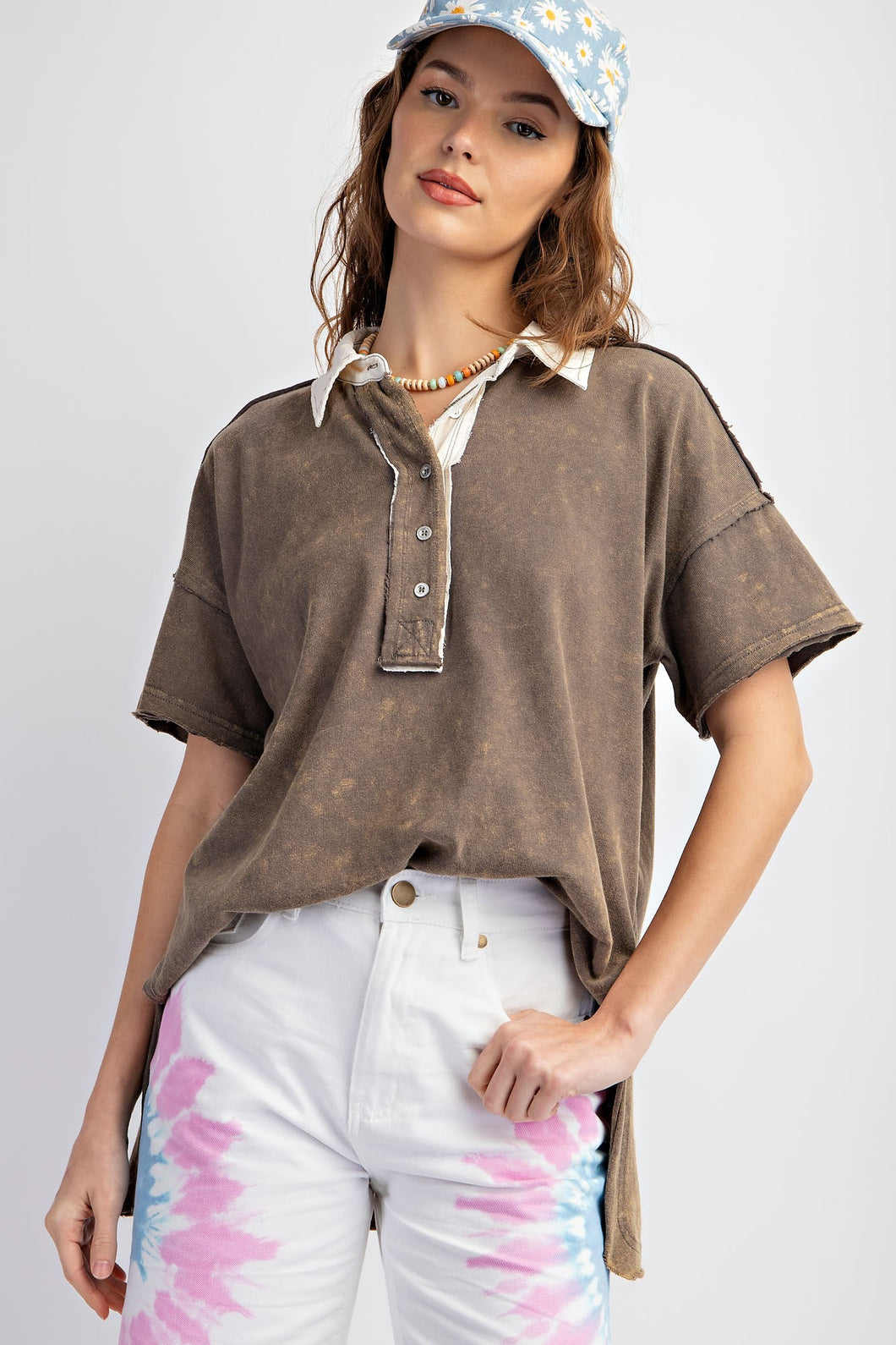 Easel Ash Brown Mineral Washed Half Button Down Top