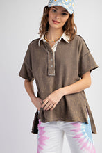 Easel Ash Brown Mineral Washed Half Button Down Top