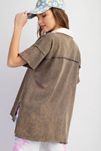 Easel Ash Brown Mineral Washed Half Button Down Top