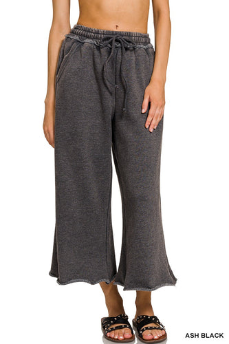 Zenana Ash Black Acid Wash Fleece Palazzo Sweatpants With Pockets