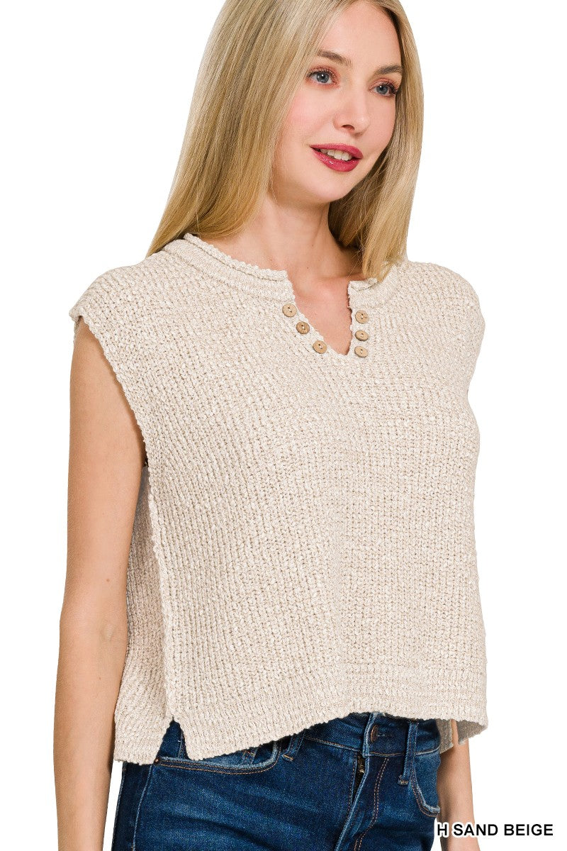 Zenana Heather Sand Beige Split Neck Sweater Vest