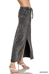 Zenana Ash Black French Terry Acid Washed Front Slit Long Skirt