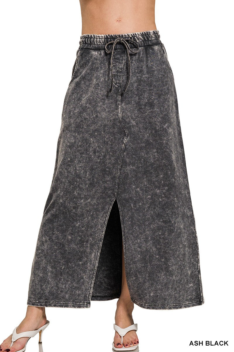 Zenana Ash Black French Terry Acid Washed Front Slit Long Skirt