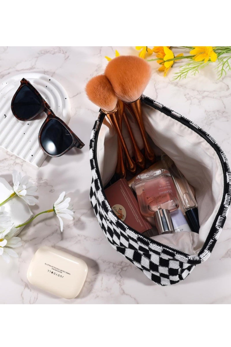 Black and White Checkered Cosmetic Makeup Clutch Bag