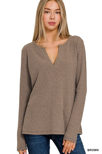 Zenana Brown Melange Baby Waffle V-Neck Long Sleeve Top