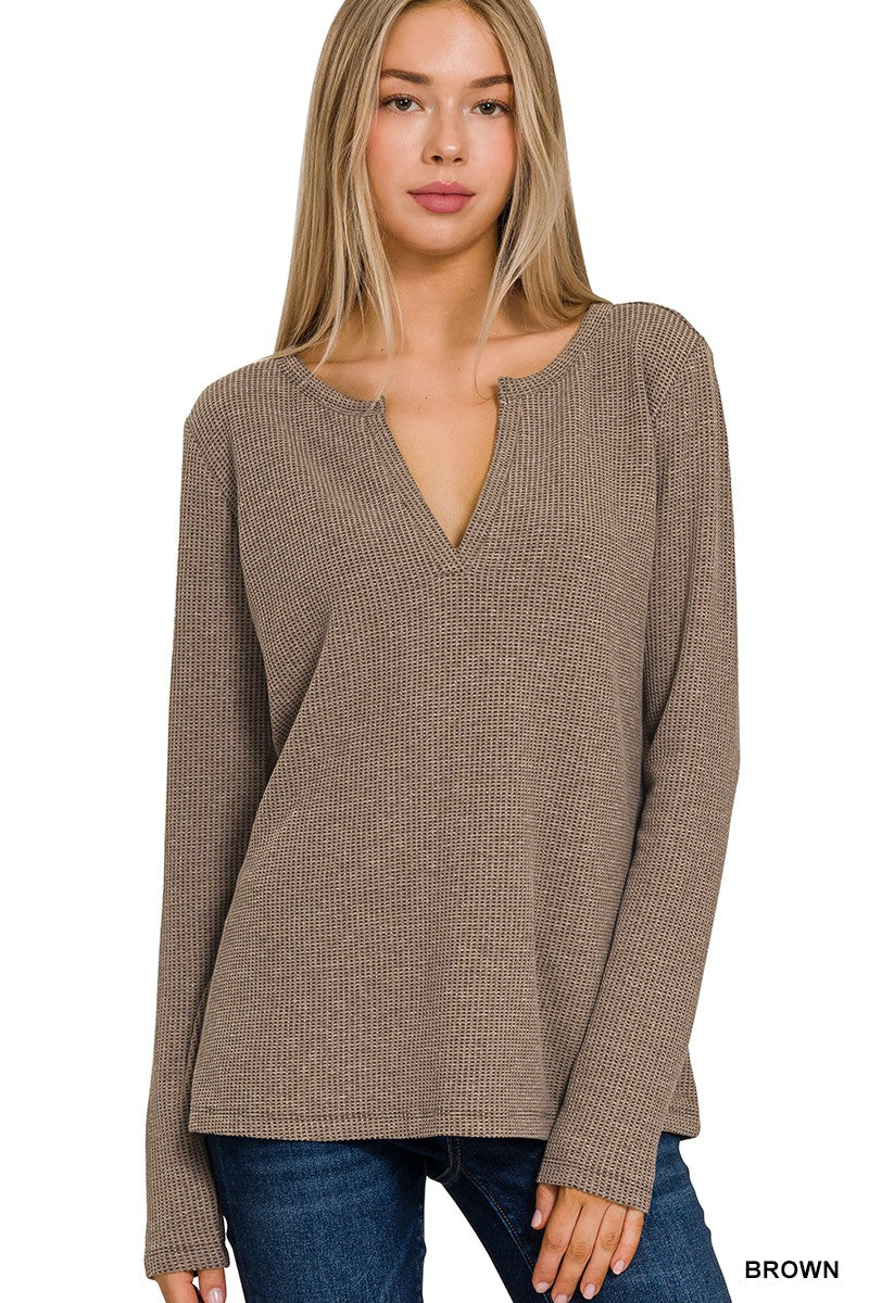 Zenana Brown Melange Baby Waffle V-Neck Long Sleeve Top