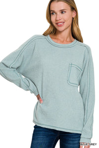 Blue Grey Zenana Brushed Ribbed Hacci Round Neck Sweater