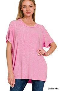 Candy Pink Zenana Washed Ribbed Short Sleeve Boat-Neck Top