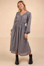 New In Cocoa Smocking Long Sleeve Frayed Plaid Midi Dress