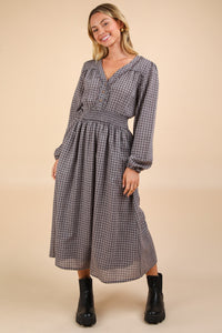 New In Cocoa Smocking Long Sleeve Frayed Plaid Midi Dress