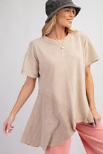 Easel Latte Brown Short Sleeve Mineral Washed Cotton Jersey Knit Tunic
