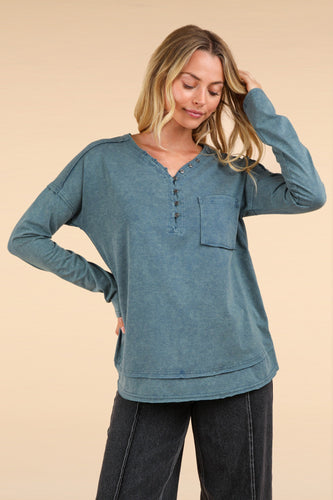 New In Denim Blue Mineral Washed Cotton Comfy Knit Top