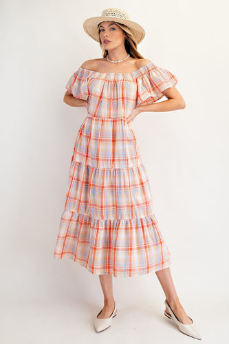 Easel Orange Plaid Printed Tiered Dress