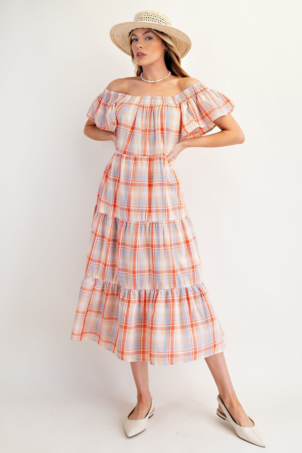 Easel Orange Plaid Printed Tiered Dress
