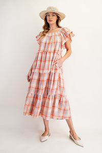 Easel Orange Plaid Printed Tiered Dress