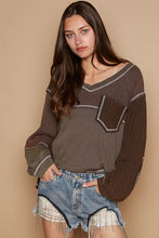 POL Chocolate Brown V-Neck Contrast Knit Color Block Top