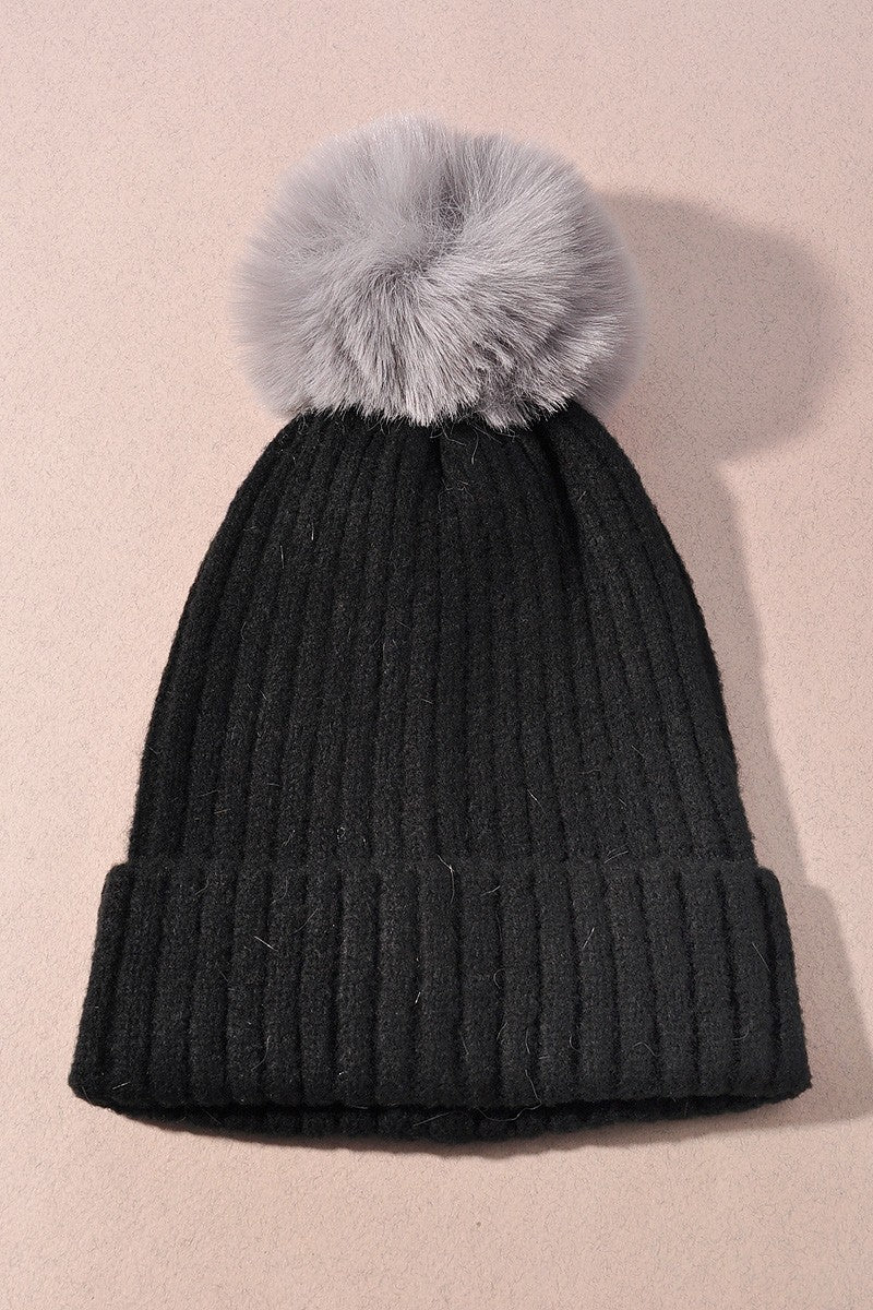 Solid Color Pom Pom Two Tone Beanie
