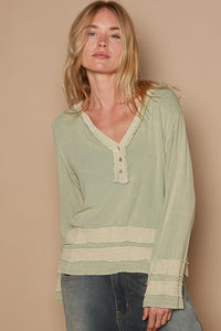 POL Sage Green Long sleeve contrast gauze strap detail top