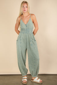 New In Sage Mineral Washed Cotton Gauze Casual Jumpsuit
