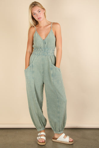 New In Sage Mineral Washed Cotton Gauze Casual Jumpsuit
