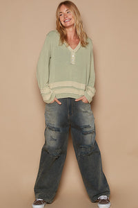 POL Sage Green Long sleeve contrast gauze strap detail top