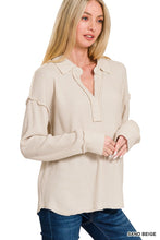 Sand Beige Zenana Exposed Seam Collared Long Sleeve Sweater