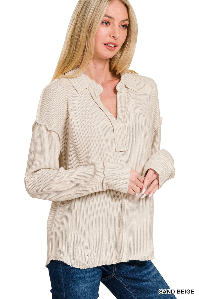 Sand Beige Zenana Exposed Seam Collared Long Sleeve Sweater