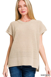 Zenana Sand Beige Oversized Crew Sweater Vest