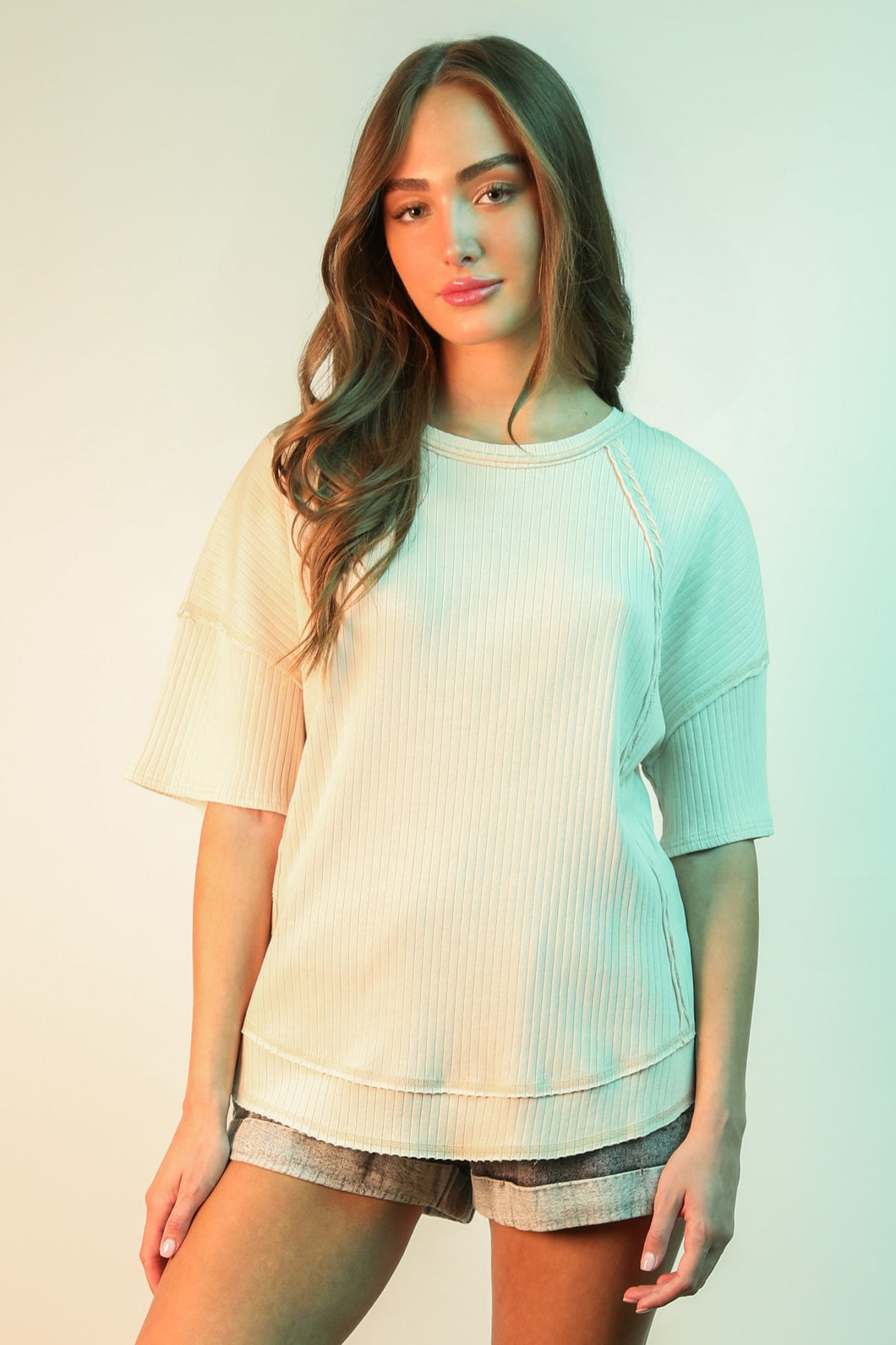 New In White Mineral Washed Oversized Ribbed Knit Casual Top