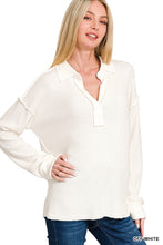 Zenana Off White Exposed Seam Collared V-Neck Long Sleeve Sweater