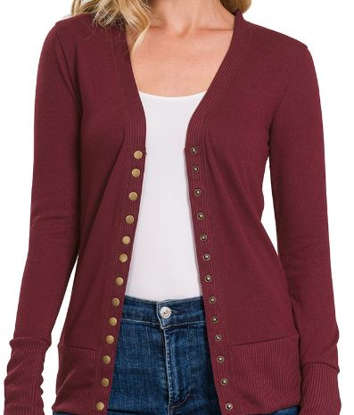 Zenana Snap Button Dark Burgundy Cardigan